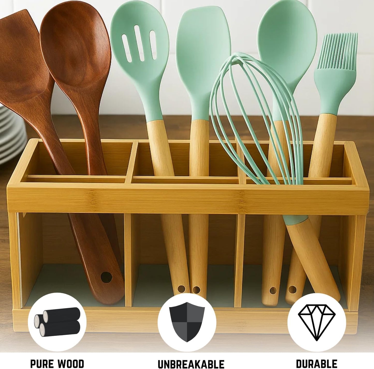 Wooden Utensil Holder Organizer with 6 Compartments, Rustic Countertop Kitchen Utensil Holder perfect for storing spoons, spatulas, cooking tools, and silverware, keeping your kitchen neat, organized