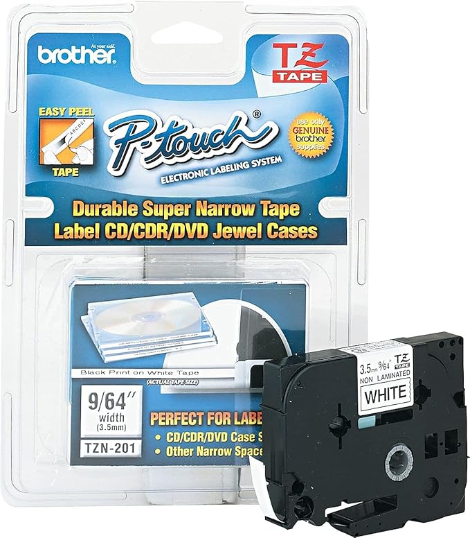 Brother Genuine P-touch TZE-N201 Tape, 9/64" (0.13") Wide Super-Narrow Non-Laminated Tape, Black on White, Recommended for Home and Indoor Use, 0.13" x 26.2' (3.5mm x 8M), Single-Pack, TZEN201