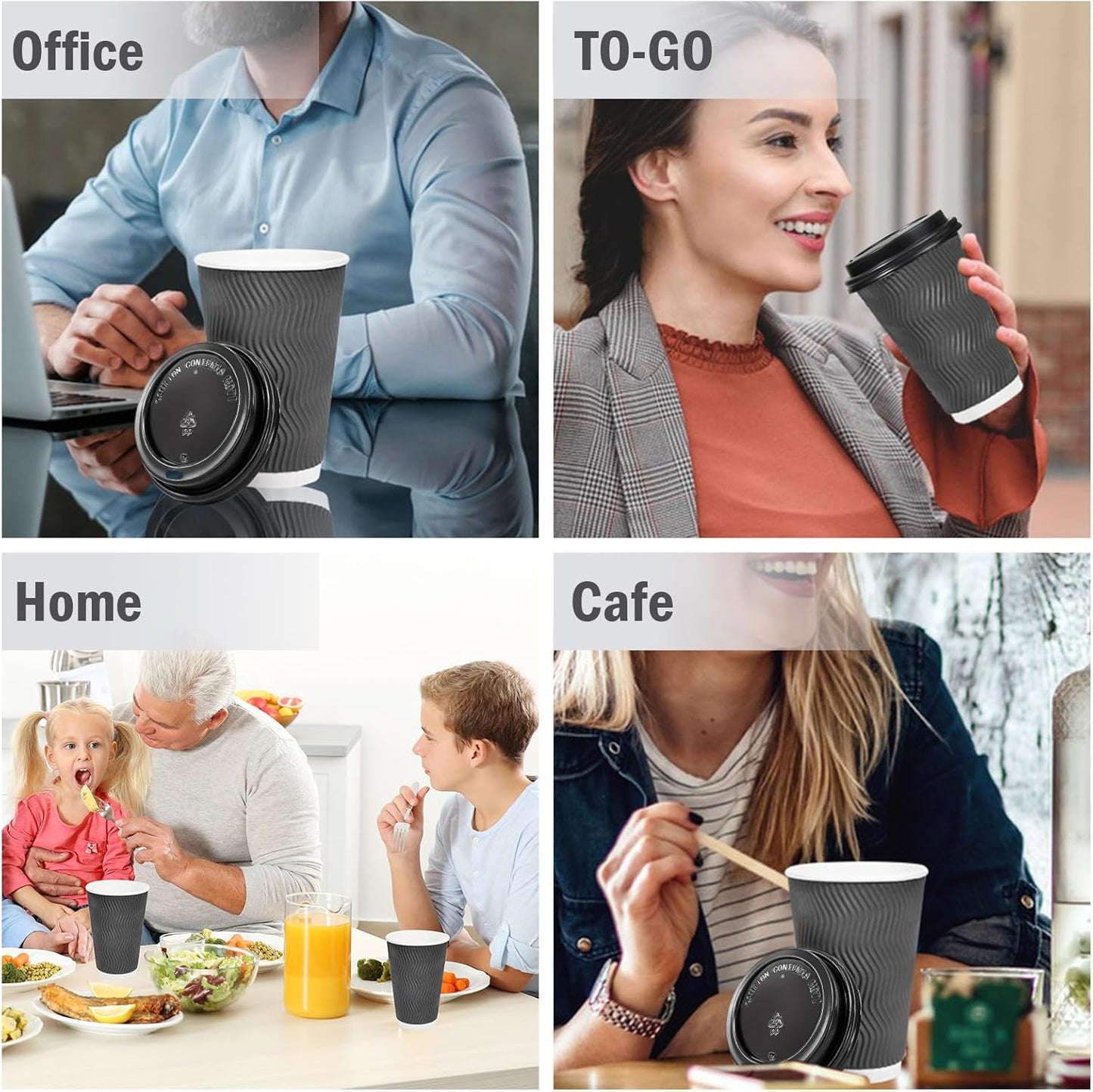 Lamosi 50 Pack - 12 oz Insulated Disposable Coffee Cups with Lids, To Go Paper Coffee Cups with Lids, Corrugated Ripple Wall Cup for Hot Drink Office Coffee Bar