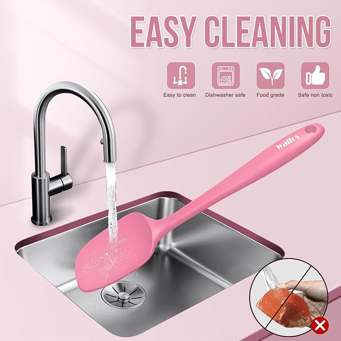 Walfos Silicone Spatula Set of 5 - (600°F) High Heat Resistant Kitchen Scraper Spatulas, One-Pieces Seamless Design, Perfect for Cooking Mixing & Baking - BPA Free and Dishwasher Safe(Pink)