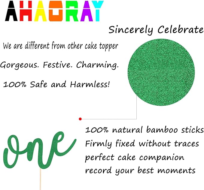 First Birthday Cake Topper - Green Glitter One Cake Decorating Supplies for Girls and Boys, Perfect for Baby Shower/Gender Revealing Party/Baby Party Photo Booth Props