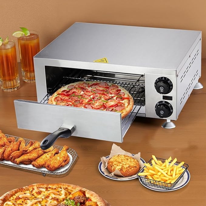 ROVSUN Electric Pizza Oven, 110V 1100W Stainless Steel Pizza Baker with Auto Shut-off, Handle, Removable Crumb Tray, Countertop Pizza Maker for Kitchen Commercial Home-Silver