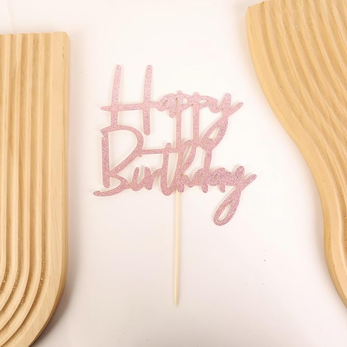 Happy Birthday Cake Topper - Glitter Pink Birthday Cake Top Decorations (Pink)