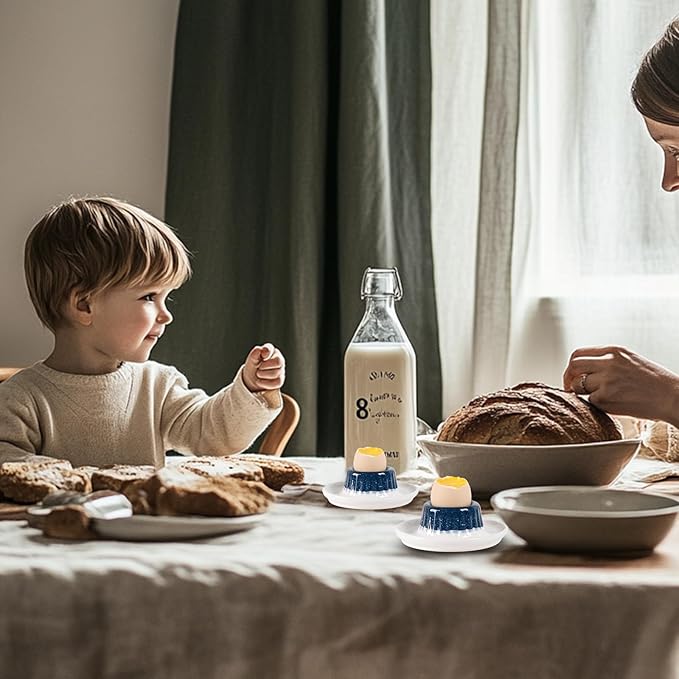 INGOFIN 2 Pcs Ceramic Egg Cups, Soft Boiled Egg Holders Set, Classic Porcelain Stackable, Easy to Clean Tray, Decorative Serving Dish for Breakfast, Easter or Kitchen, Starry Blue&Beige