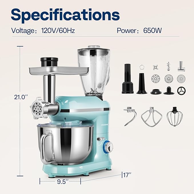 VIVOHOME 3 in 1 Multifunctional Stand Mixer with 6 Quart Stainless Steel Bowl, 650W 6 Speed Tilt-Head Meat Grinder, Juice Blender, Blue