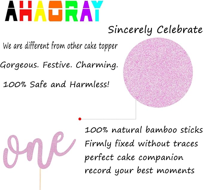 First Birthday Cake Topper - Pink Glitter One Cake Decorating Supplies for Girls and Boys, Perfect for Baby Shower/Gender Revealing Party/Baby Party Photo Booth Props