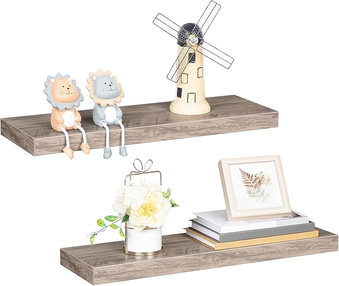 HOOBRO Floating Shelves, Wall Shelf Set of 2, 23.6 Inch Hanging Shelf with Invisible Brackets, for Wall Decor in Bathroom, Bedroom, Toilet, Kitchen, Living Room, Office, Greige BG60BJ01G1