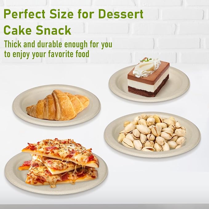Compostable Paper Plates Bulk, 300 Pack Small 6 inch Eco Friendly Disposable Dessert Plates