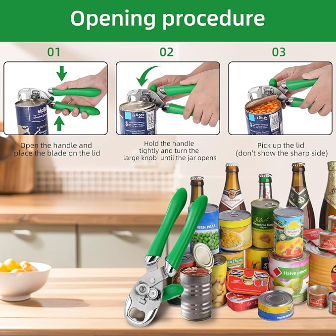 Multi-function Manual Can Opener Bottle Opener, Oversized Hand-held Easy Rotary Knob, Safe Cut Can Opener with Non-Slip Handle, Smoother Cut Sharp Blade for Seniors Kitchen Tool, GREEN