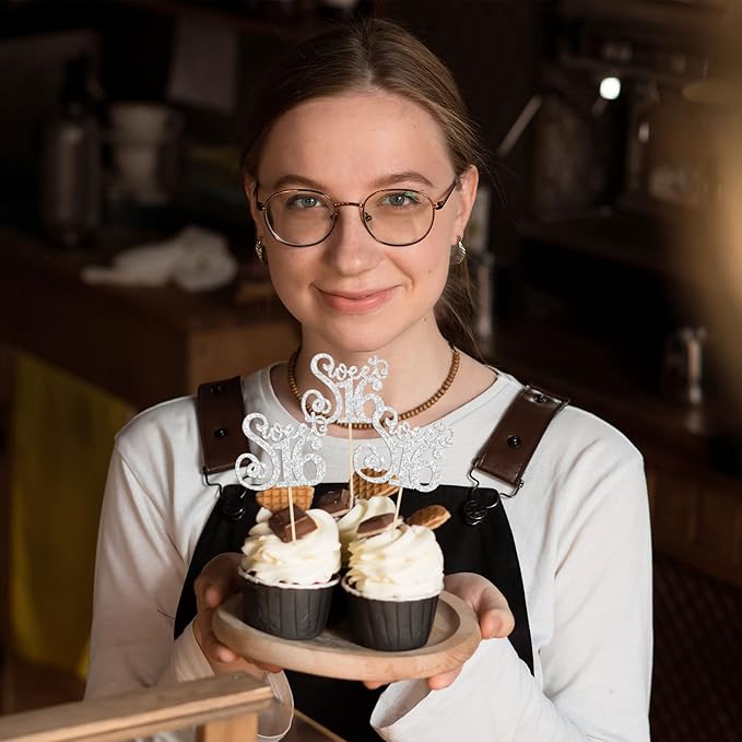 Gyufise 24 Pack Happy Sweet 16 Cupcake Toppers Glitter Sixteen 16th Birthday Cupcake Picks Cheers to 16 Years Old Cupcake Decorations for 16th Birthday Anniversary Party Cake Supplies Silver