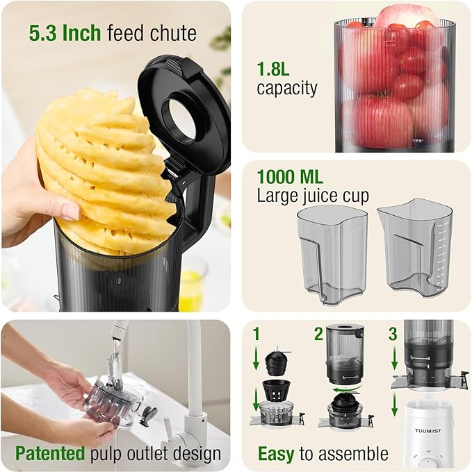 Juicer Machines, TUUMIIST Cold Press Juicer with 5.3" Extra Large Feed Chute Fit Whole Fruits & Vegetables Easy to Clean, High Juice Yield, BPA Free (White)