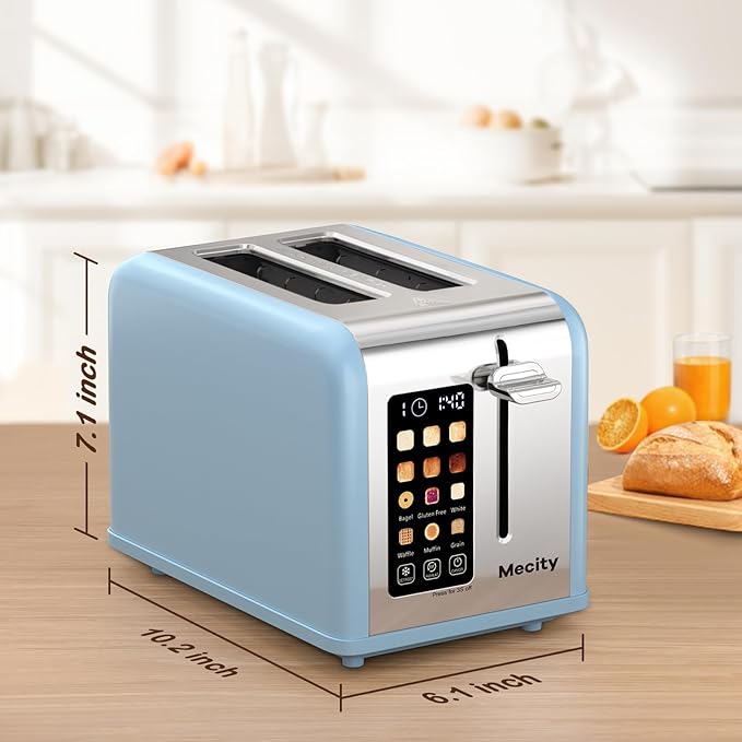 Mecity 2 Slice Touch Screen Toaster, 1.5" Wide Slot, Stainless Steel Smart Toaster for Bagels, Muffins, Waffles, Gluten-Free Breads, Defrost, Reheat, Timer, 120V 825W, Ice Blue