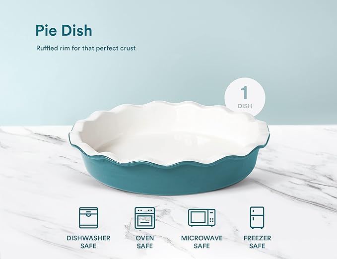 KooK Deep Dish Pie, Pecan Dessert Dish, Porcelain, Ceramic, Deep Dish Plate 10 Inch, Apple Pie, Ruffled Wave Edge, Reusable Round Pan, Oven and Dishwasher Safe, 44 Oz (Aqua)