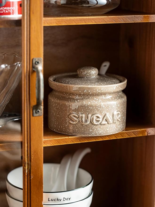 Gomakren Sugar Bowl with Lid and Spoon, Sugar Container Sugar Dish 10oz, Ceramic Sugar Jar for Coffee Bar, Kitchen, Countertop - Modern Farmhouse Kitchen Christmas Decor, Brown