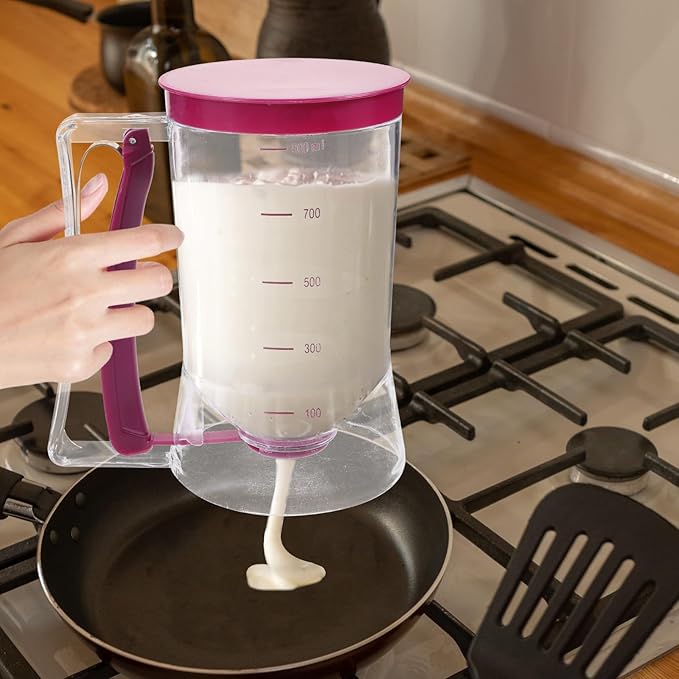 UPKOCH Batter Dispenser with Measuring Markings - ABS+Silicone Baking Tool for Pancakes, Waffles & Muffins | Leak-Proof Design (Rosy, 7.3in/18.5cm)