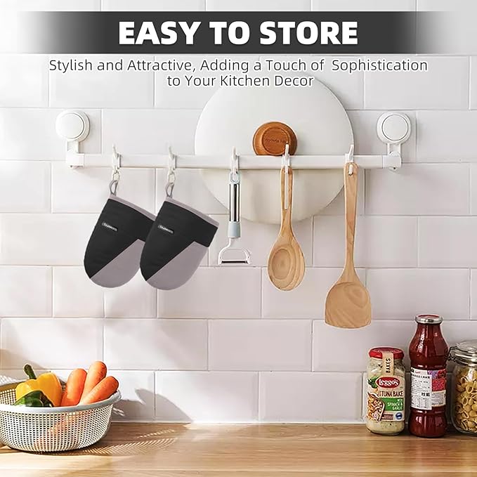 Mini Oven Mitts, Kitchen Oven Gloves Kitchen Mittens 500 Degrees Heat Resistant Baking Gloves, Non-Slip Silicone Surface with Hanging Loops Hot Gloves for Cooking, Baking, BBQ 1 Pair-Black