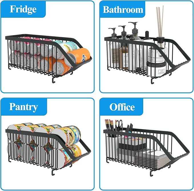 GILLAS 4 Pack Stackable Soda Can Organizer for Refrigerator, Can Holder Dispenser, Canned Food Storage Rack for Fridge, Kitchen, Countertops, Cabinets, Black