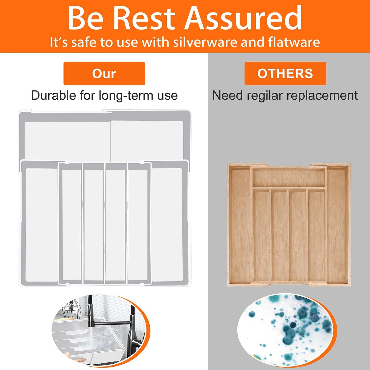 Silverware Organizer - Expandable Silverware Tray for Drawer, Adjustable Utensil Drawer Organizer for Forks, Knives, Kitchen Organizers and Storage, White