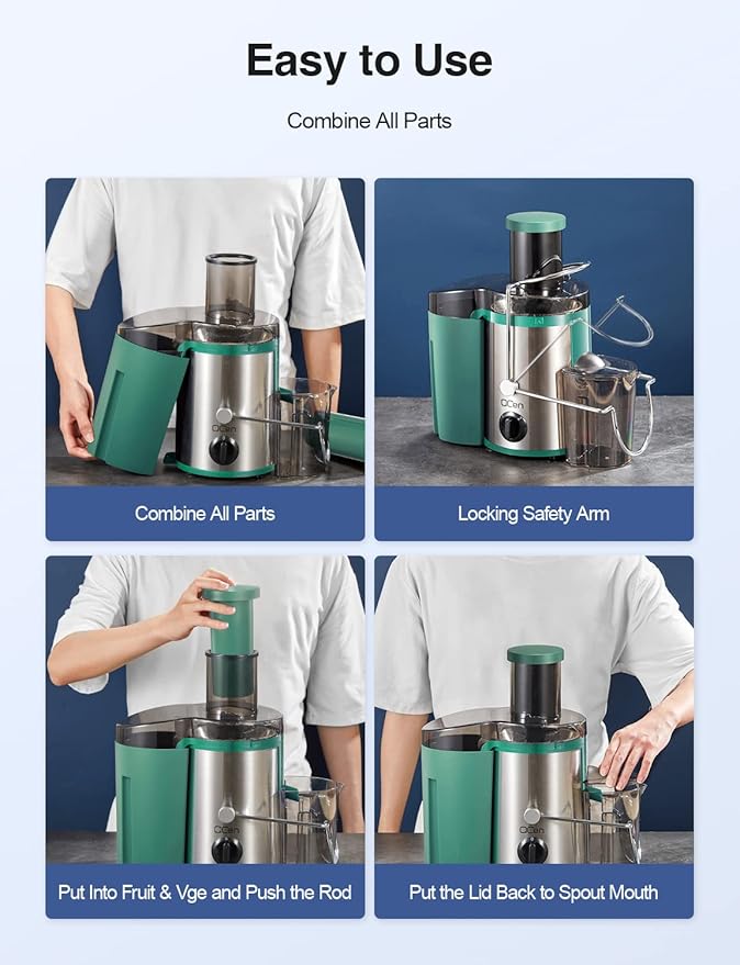 QCen Juicer Machine, 500W Centrifugal Juicer Extractor with Wide Mouth 3” Feed Chute for Fruit Vegetable, Easy to Clean, Stainless Steel, BPA-free (Green)