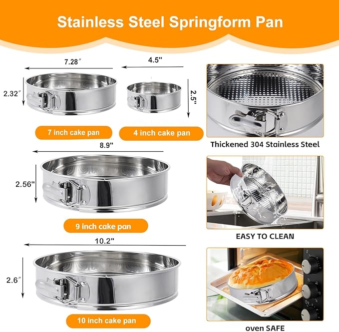 Aufind Springform Pan Set for Baking (4,7,9,10inches), 304 Stainless Steel Springform Cake Pan with Removable Bottom, Cheesecake Pan with 50PCS Parchment Paper for Pie Cake Pizza and Quiches