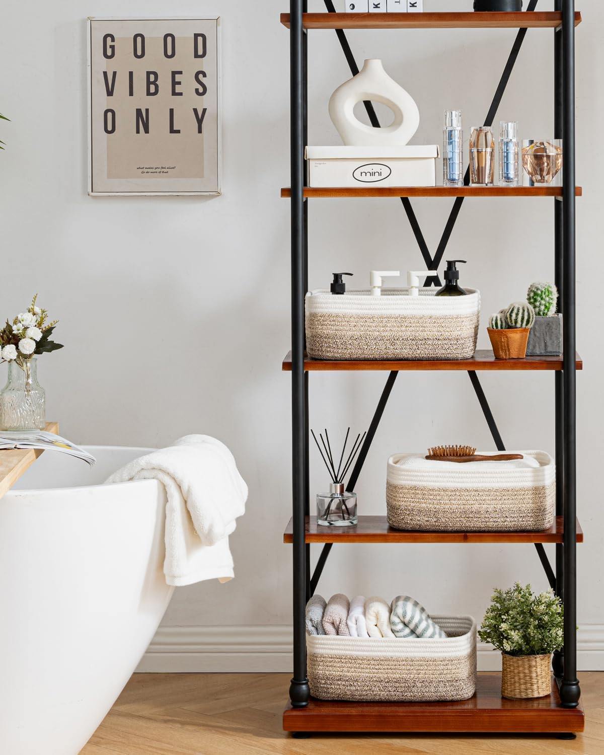 Small Woven Basket, 13.5 x 9.5 x 5 Inches, Storage Basket for Organizing, Cute Small Rope Shelf Closet Cube Storage Bins Baskets for Shelves, Dog Toy Gift Baskets Empty, 3 Pack Gradient Brown