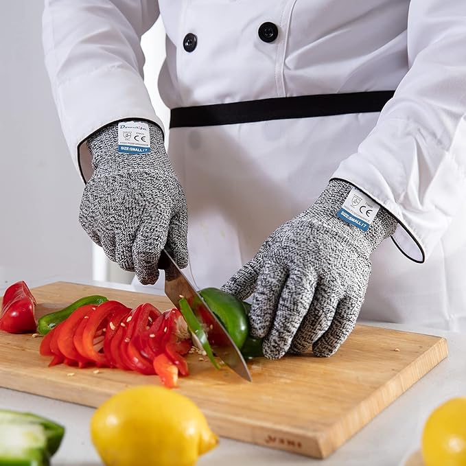 Dowellife 3 Pairs Cut Resistant Gloves Food Grade Level 5 Protection, Safety Kitchen Cuts Gloves for Mandolin Slicing, Fish Fillet, Oyster Shucking, Meat Cutting and Wood Carving (Black Gray, Small)