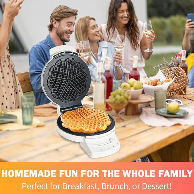 Electric Heart-shape Waffle Maker: 5-Temp Control & Fast Heating - White Round Shape with Non-Stick Scratch-Resistant Coating for Belgian Waffles (Single-plate)