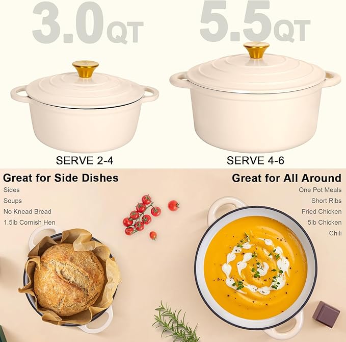 Romswi Enameled Cast Iron Dutch Oven Set - 3qt & 5.5qt Dual Combo - 7-Layer Professional Grade Dutch oven pot with lid - Oven Safe for Braising, Stews, Roasting, Bread Baking - White Bread Dutch Oven