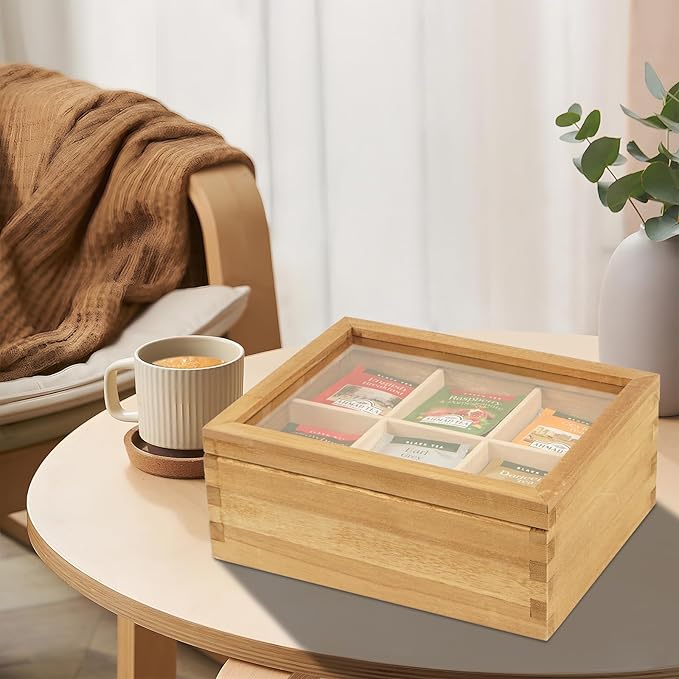Wood Tea Bag Organizer, 6 Compartment Multi-Functional Tea Box and Storage Organizer for Tea Bags, Tea Container for Tea Lovers