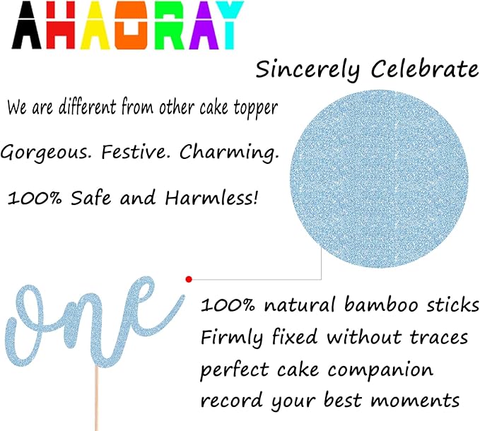 First Birthday Cake Topper - Light Blue Glitter One Cake Decorating Supplies for Girls and Boys, Perfect for Baby Shower/Gender Revealing Party Photo Booth Props