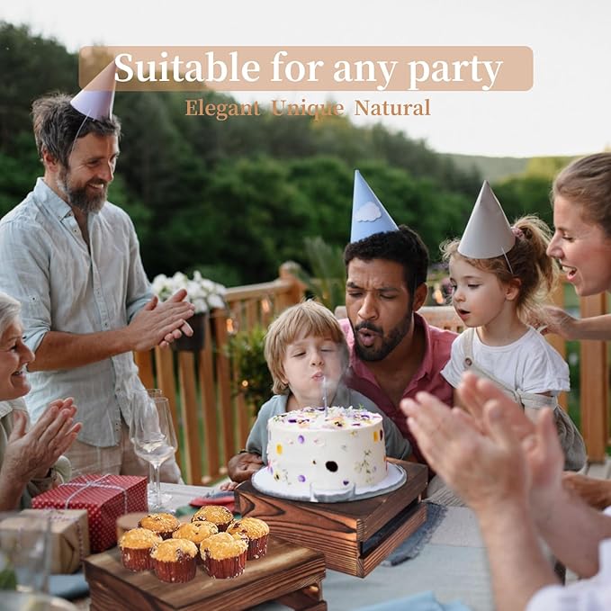 6 Pcs Buffet Risers with Mini Signs, Rustic Wood Cake Stands, Food Risers for Buffet Table, Dessert Display Stand, Wood Crates, Rustic Cake Stand for Party, Wedding, Birthday, Baby Shower, 3 Sizes