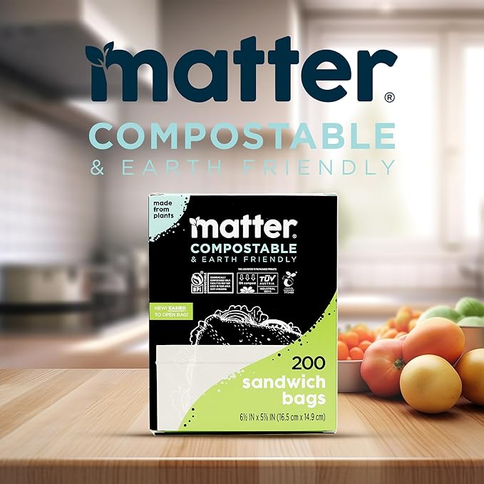 Matter Compostable Sandwich Bags for Food Storage, Eco-Friendly, Resealable, 200 Count