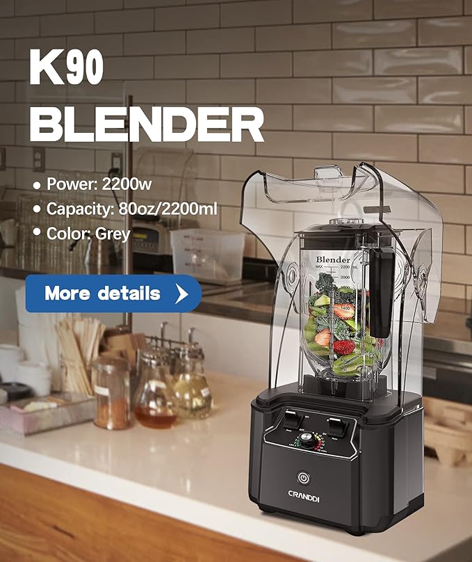 CRANDDI Quiet Commercial Blender with Soundproof Shield, 2200 Watt Professional Blenders for Kitchen with 80oz Jar and Self-Cleaning, High-Speed Blenders K90 Grey