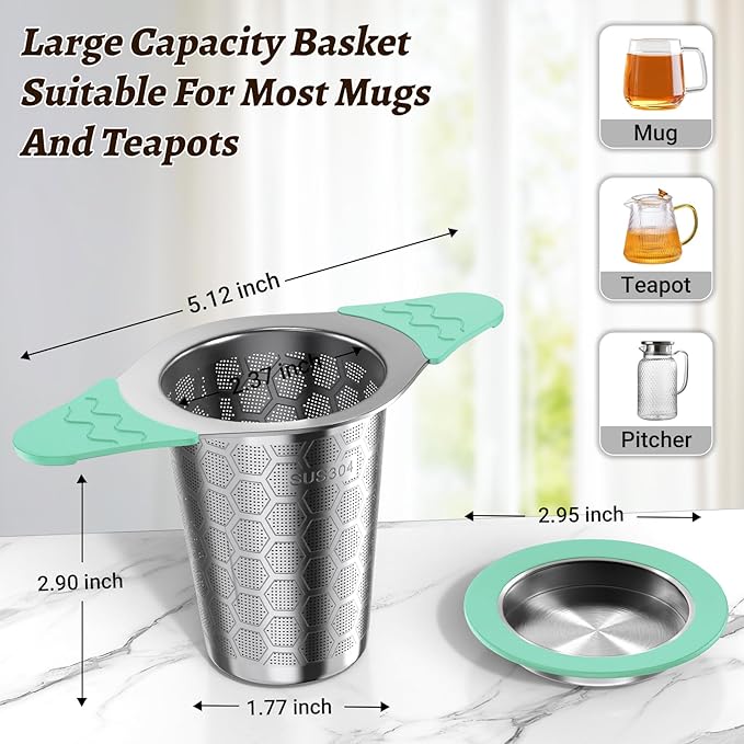 Tea Infuser for Loose Leaf Tea,18/8 Stainless Steel Tea Infuser with Heat Proof Silicone Handles,Extra Fine Mesh Tea Strainers Filter Fine Tea Leaves Effectively,Fits TeaPots/Mugs-Green