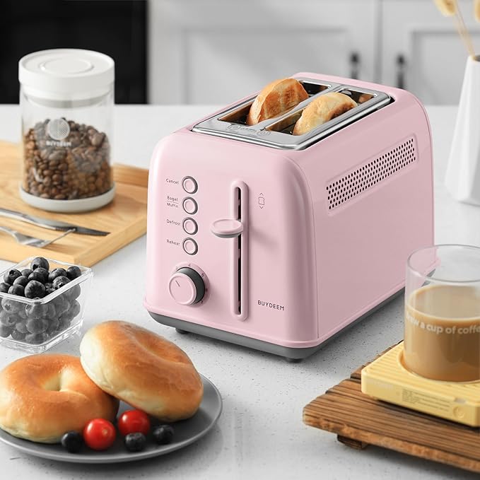 BUYDEEM DT620 2-Slice Toaster, Extra Wide Slots, Retro Stainless Steel with High Lift Lever, Bagel and Muffin Function, Removal Crumb Tray, 7-Shade Settings,Pink