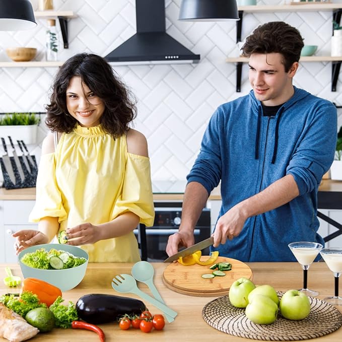 ShineMe Large Salad Bowl with Lid, Salad Serving Bowl Set with Utensils, 9.8inches Mixing Bowl with Servers, Solid Bamboo Wooden Bowl for Salad, Fruits, Vegetables and Pasta(elegant green)