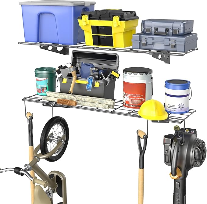 WALMANN 2 Pack Garage Wall Shelves, 1 x 4 ft/12 * 48 inch Wall Mounted Storage Shelves for Garage Heavy Duty Floating Shelving, Holds Up to 220 lbs(Black)