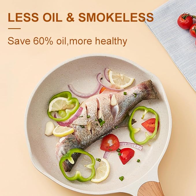 JEETEE 9.5 Inch Nonstick Frying Pan, Stone Coating Cookware, Nonstick Omelette Pan with Heat-Resistant Handle, Induction Skillet for Eggs(Beige)