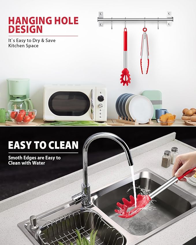 Spaghetti Spoon and Pasta Tong, Non-stick Silicone Spoon Server Fork with teeth and Stainless Steel Handle Spaghetti Tong, Food Clip for Spaghetti Noodle (RED)