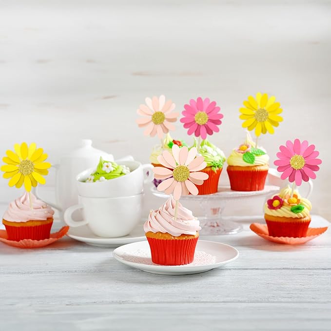 Ephlyn 24Pcs Daisy Cupcake Toppers Daisy Cake Decorations Chrysanthemum Cupcake Toppers Spring Daisy Flower Cake Picks for Birthday Wedding Supplies Multicolor 3