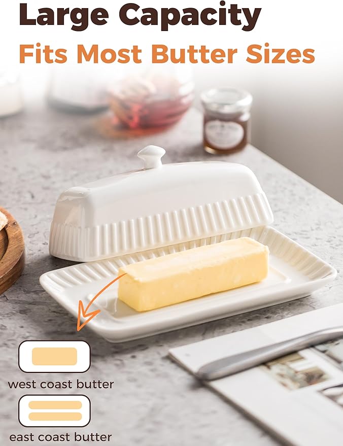 Ceramic Butter Dish with Lid, White Butter Holder Container with Porcelain Cover Knob Handle, Butter Dishes for Countertop Refrigerator, Perfect for East West Coast Butter Storage, Striped