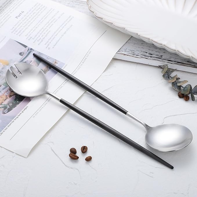 Salad Servers,Spoon and Fork Set 11.41 inch,18/10 Stainless Steel Salad Serving Titanium Plating (black silver)