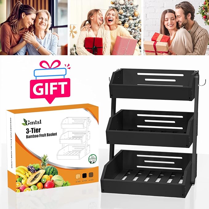 Bamboo Fruit Basket for Kitchen – 3 Tier Fruit Bowl For Kitchen Counter, Large Fruit Holder With 2 Banana Hangers, Idea For Fruit and Vegetable Storage, Bread Basket, Snack Organizer(BLACK)