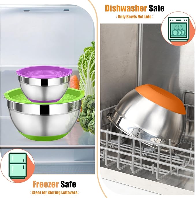 P&P CHEF Mixing Bowl with Lid Set, 5 Piece Stainless Steel Mixing Nesting Bowls for Salad Storage, 3 Grater Attachments & Non-Slip Bottoms, Size 1/1.5/2 / 2.6/4.6 QT, Multicolor