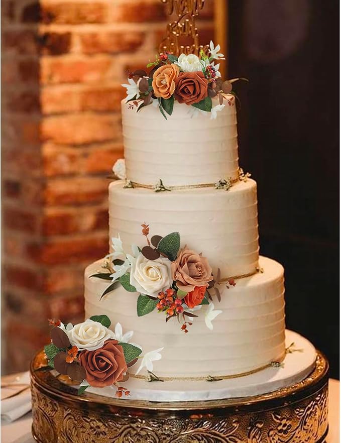 Rinlong 3Pcs Cake Topper Set Artificial Flowers for Cake Decor Burnt Orange Fall Wedding Cake Decorating Flowers for Baby Shower Birthday Party