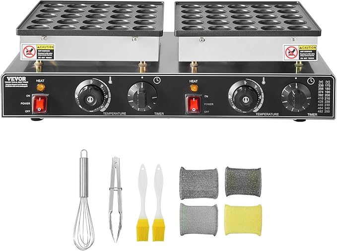VEVOR 50PCS Mini Dutch Pancake Maker, Non-stick Stainless Steel Dorayaki Baker, 1800W Commercial Electric Poffertjes Grill Pan, Dual Temp & Time Control, for Kitchen Restaurant Breakfast Dessert