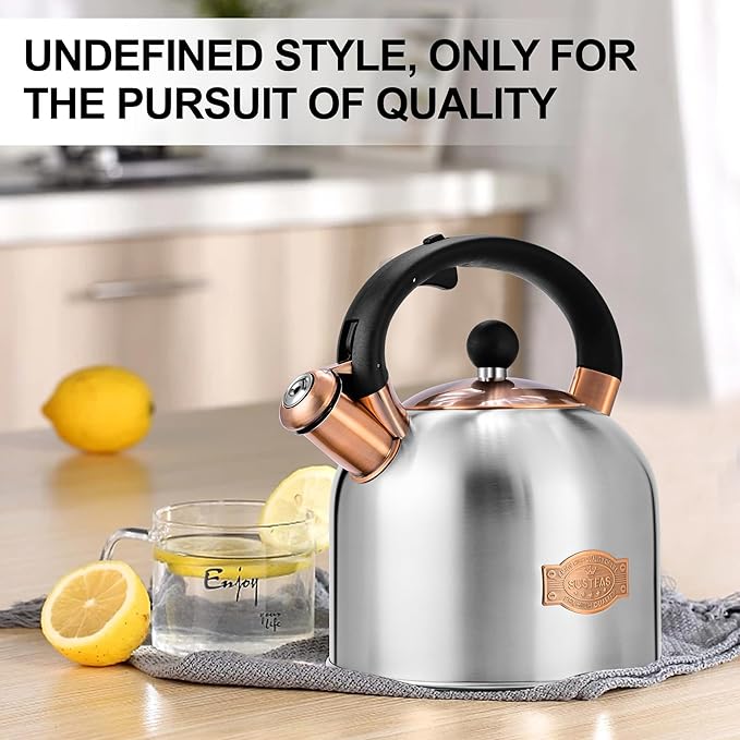 SUSTEAS Tea Kettle - 3.17QT Whistling Kettle with Ergonomic Handle - Premium Stainless Steel Tea Pots for Stove Top, Chic Vintage Teapot with Composite Base, Work for All Stovetops (Silver)