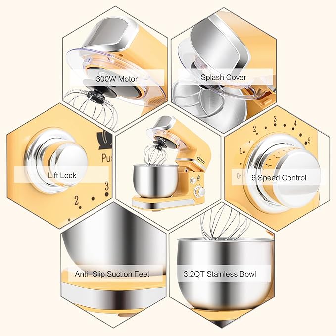 Kitchen in the box Stand Mixer,3.2Qt Small Electric Food Mixer,6 Speeds Portable Lightweight Kitchen Mixer for Daily Use with Egg Whisk,Dough Hook,Flat Beater (Yellow)