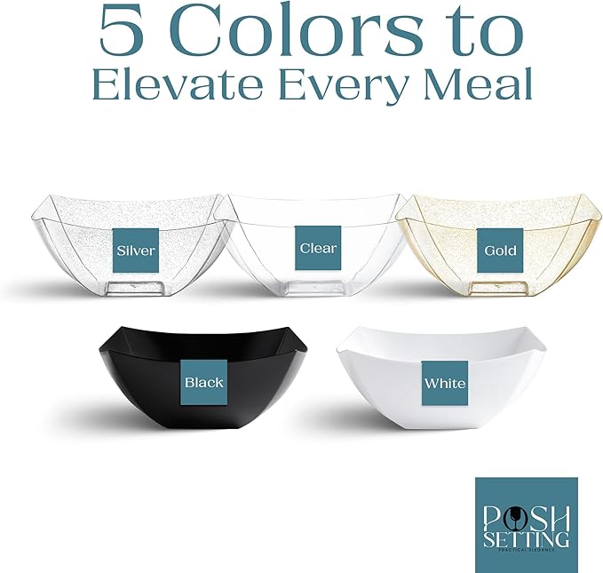 Posh Setting - Black Plastic Serving Bowls (32oz - 4 Pack) Square, Disposable, Salad & Fruit Bowls for Party Table, Candy Containers for Candy Buffet