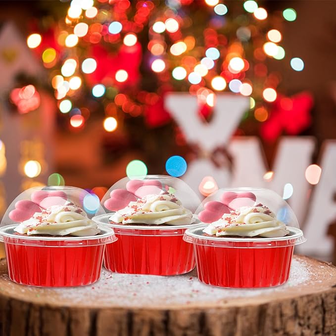 5oz Cupcake Pans Muffin Tins 100 Pack,LNYZQUS Aluminum Foil Mini Cake Baking Cups with Dome Lids,Disposable Ramekins Cupcake Liners,Small Cake Mini Pie Baking Pan for Christmas -Red